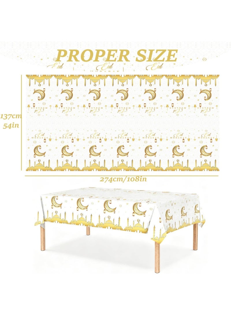 Ramadan Plastic Disposable TableCloth,White and Gold Mosque Moon Star Lamp Tablecloths for Ramadan Party Supplies 54×108Inches - Image 3